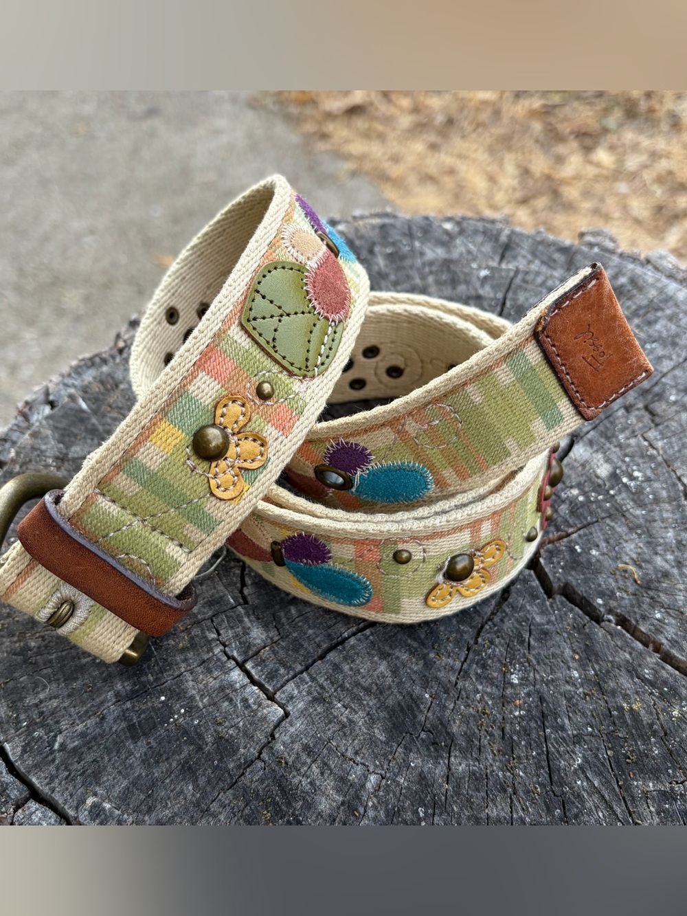 Fossil Beige Canvas Belt with Multicolor Floral Appliqués